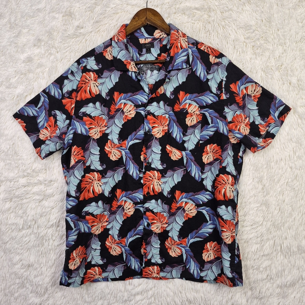J Crew Mens XL Camp Collar Linen Blend Tropical Print Shirt Beachy Resort